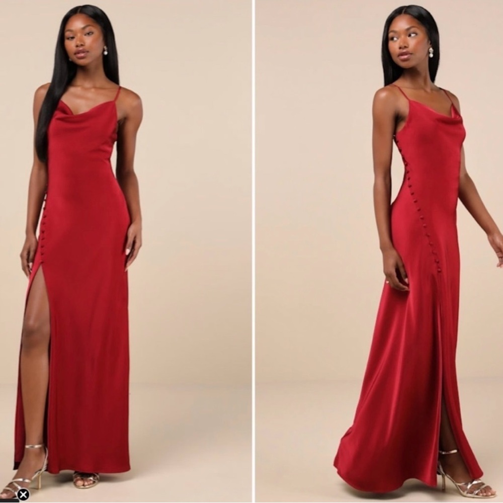 NWT - Lulus Women Truly A Beauty Satin Cowl Neck Side Button Maxi Dress Red Wine